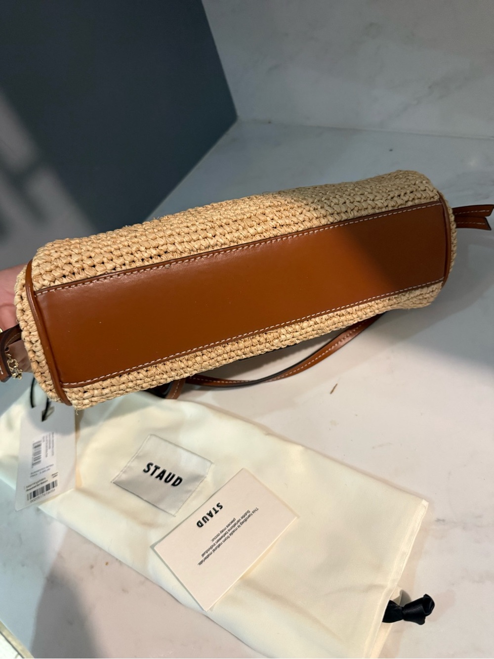 STAUD Lena Raffia and Leather Clutch Bag Natural Tan NWT - Picture 8 of 11